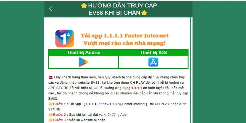 Hướng dẫn chi tiết cho khách hàng cách tải 1.1.1.1 vượt chặn EV88